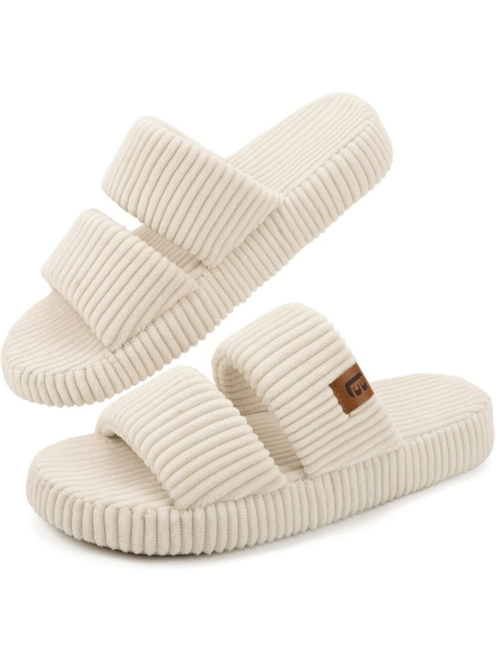 〽️Women's Beige Open Toe Flat Slippers Dual Strap Slide Comfortable House Shoes